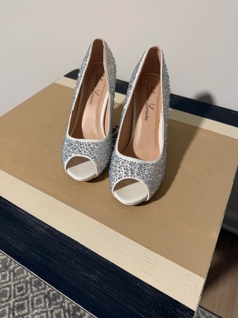 Lauren Lorraine White Peep-Toe Crystal Heels